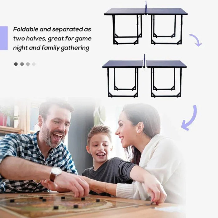Blue foldable professional table tennis table in split design, family playing board game.