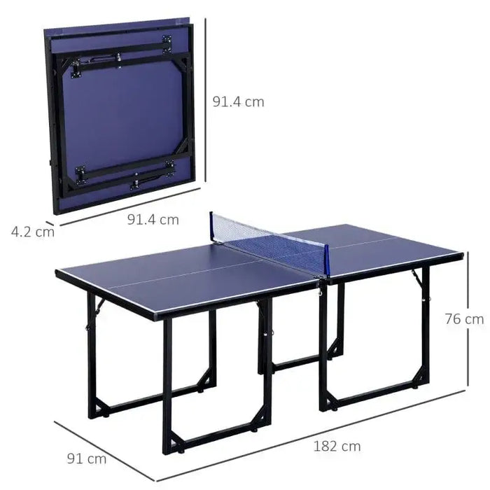 6ft blue professional table tennis table with foldable split design and net, shown with dimensions