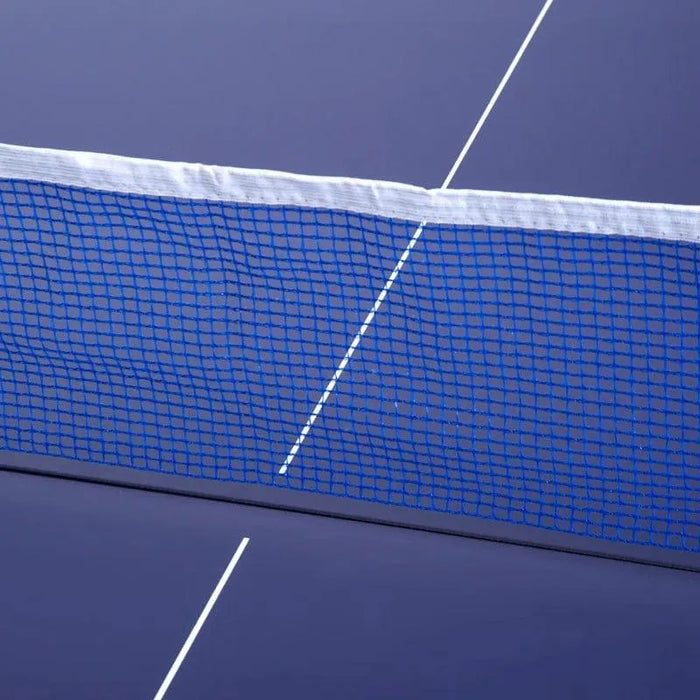 Close-up of blue table tennis table with blue net and white lines, split design