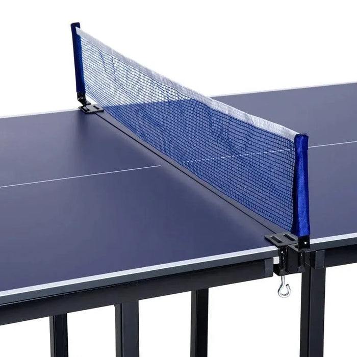 6ft blue professional table tennis table with net and split design on black legs