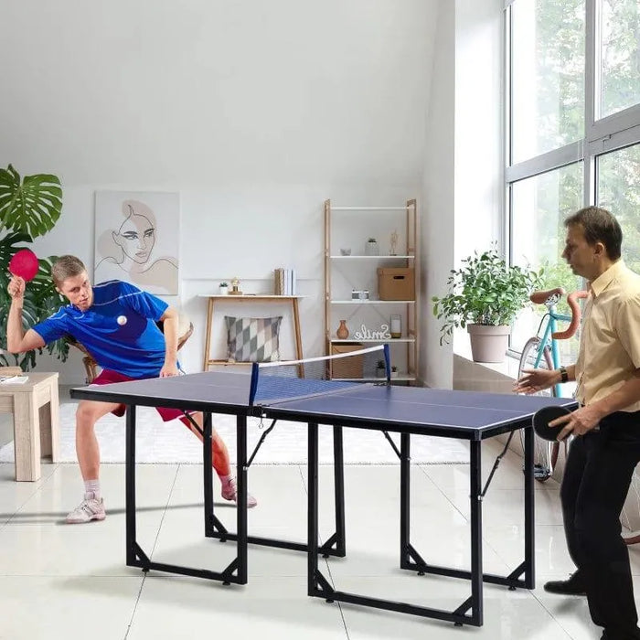 Two people playing table tennis on a blue 6ft professional table indoors