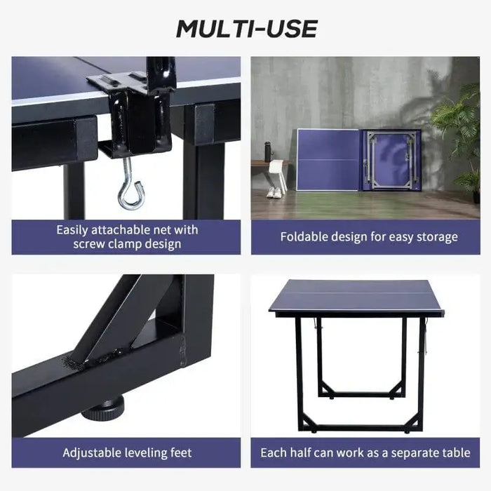 Blue 6ft professional table tennis table with split design, foldable for easy storage, adjustable leveling feet, and attachable net.