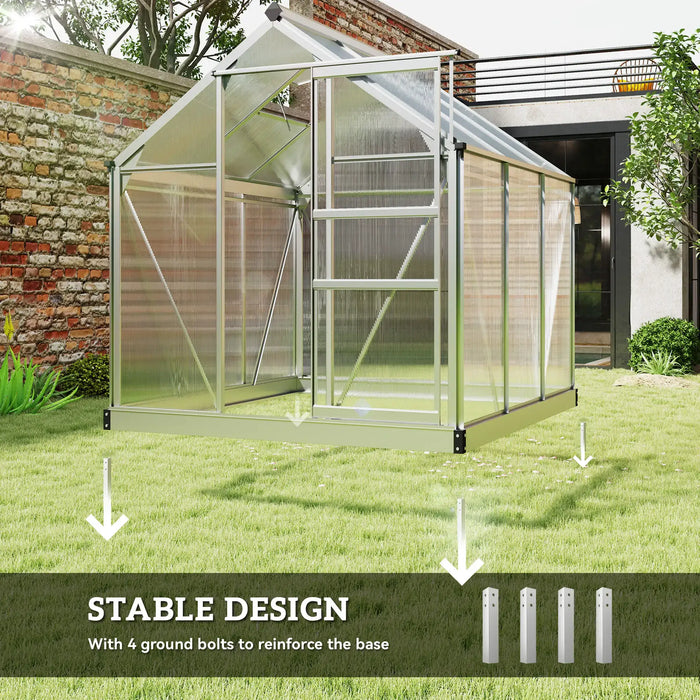 Greenhouse with stable design feature highlighted on a grassy area.