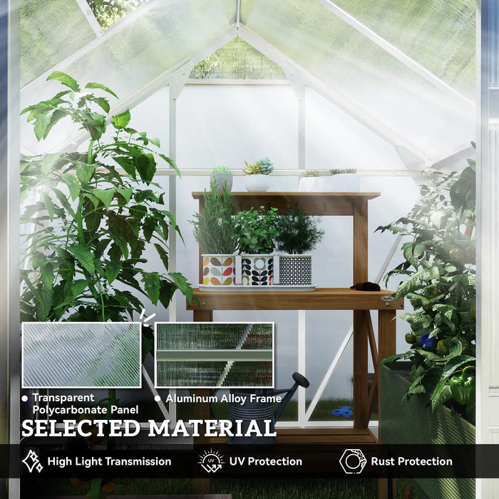 Greenhouse with plants inside, featuring transparent polycarbonate panels and aluminum alloy frame.