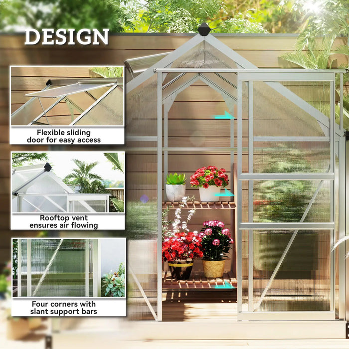 Greenhouse with features highlighted, including a flexible sliding door, rooftop vent, and slant support bars.