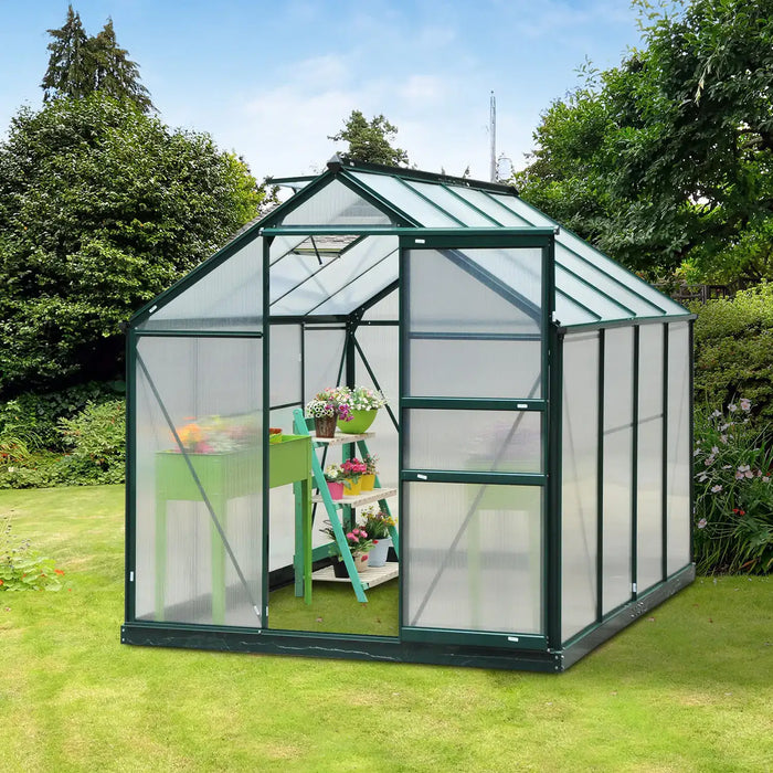 6 x 8FT Polycarbonate Greenhouse with Slide Door in Green - Little and Giant Explorers Outsunny