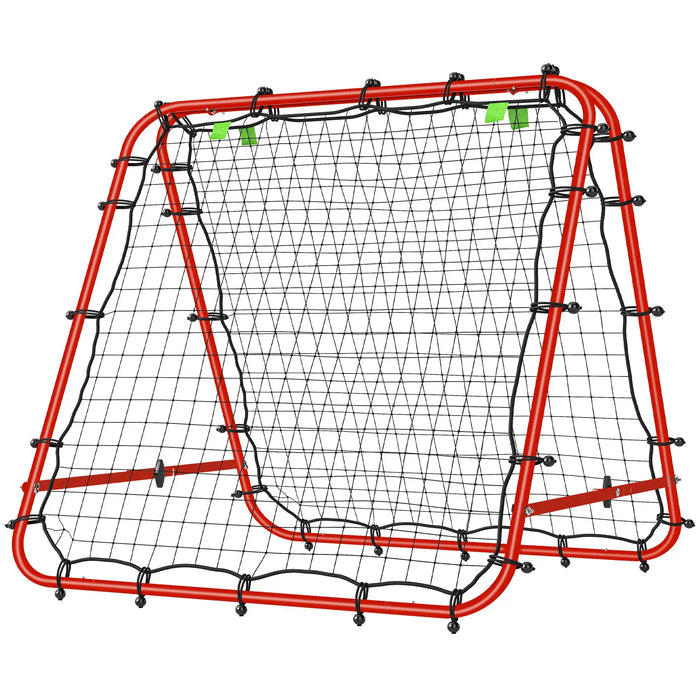 Red metal frame sports rebounder net with black netting for baseball or softball practice