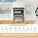 Compact dishwasher on a kitchen counter with text highlighting capacity and features.