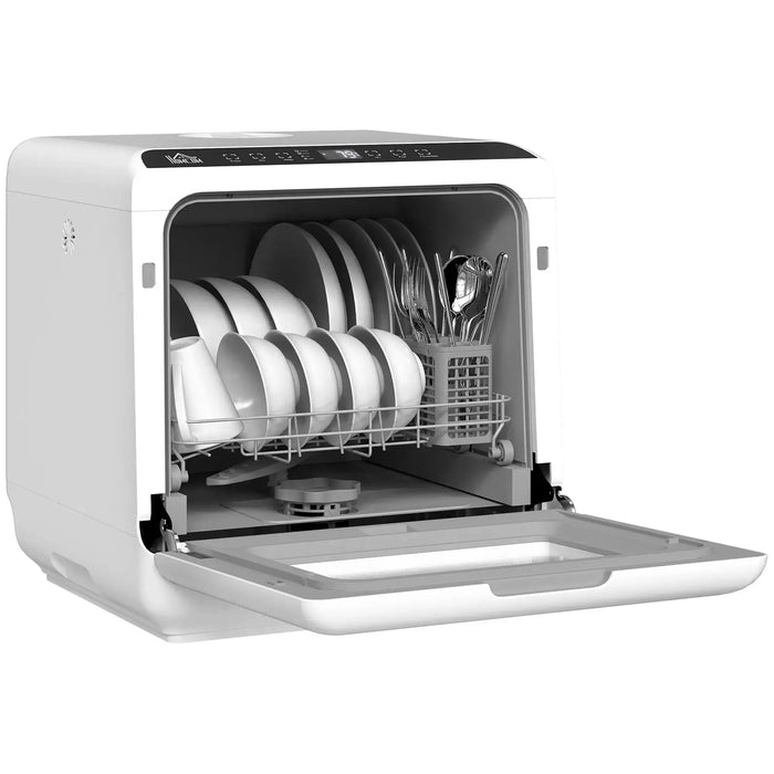 Portable dishwasher with open door showing clean dishes on a white background