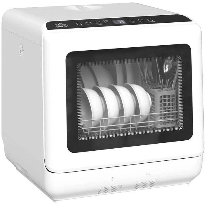 Portable dishwasher with a transparent door showing dishes inside on a white background