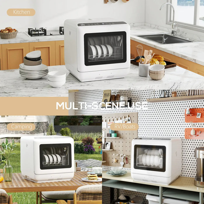 Portable dishwasher in various settings including a kitchen, camping area, and RV.