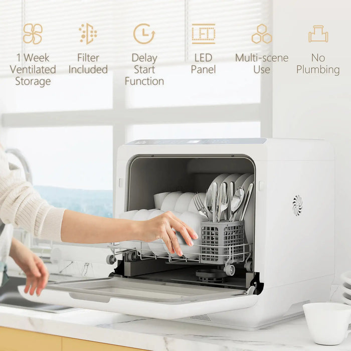 Portable dishwasher being used with features highlighted on a white background