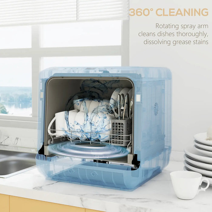 Portable dishwashing machine with dishes inside on a kitchen counter.