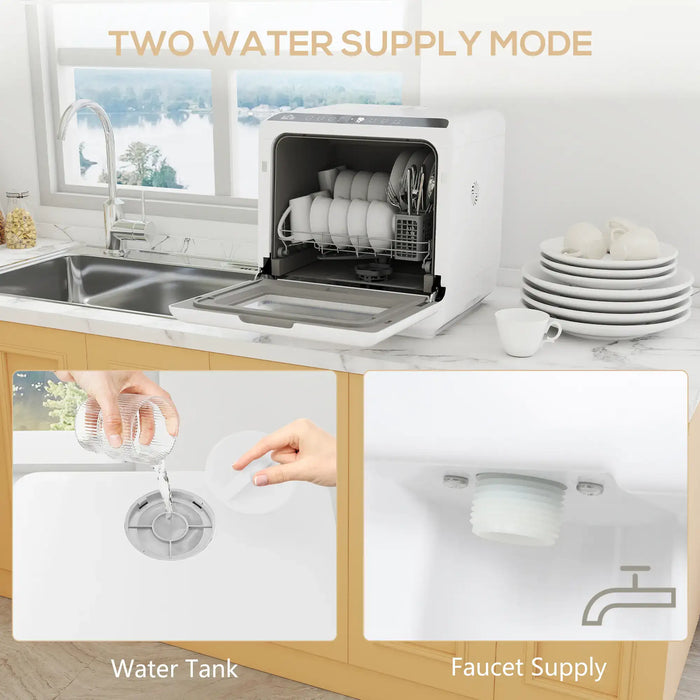 Dishwasher with two water supply modes shown on a kitchen counter.