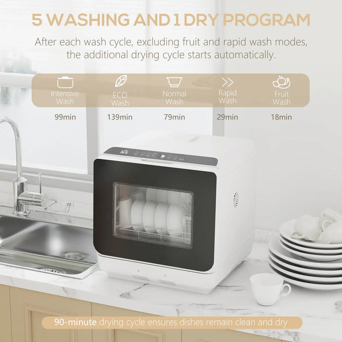 Dishwasher with drying cycle on a kitchen counter, showing wash and dry program times.