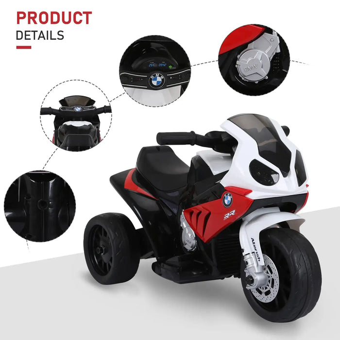 Red and white BMW RR kids electric ride-on motorcycle with detailed dashboard and engine close-ups