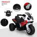 Red and white BMW RR kids electric ride-on motorcycle with detailed dashboard and engine close-ups