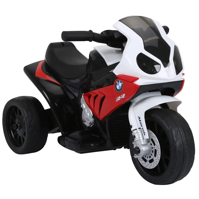 BMW RR sports-style children's electric ride-on motorcycle in black, white, and red with realistic detailing