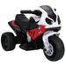 BMW RR sports-style children's electric ride-on motorcycle in black, white, and red with realistic detailing