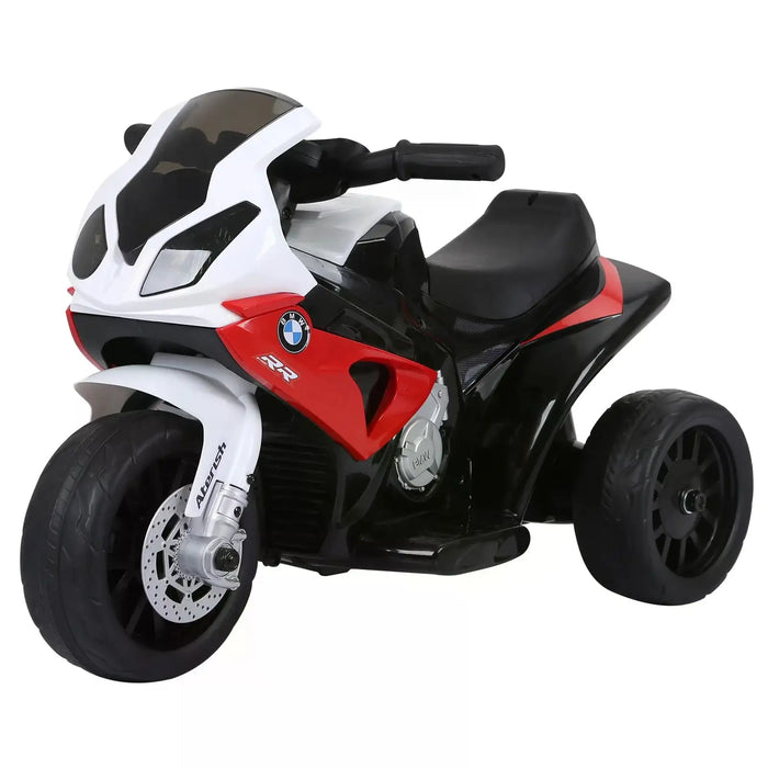 BMW RR children's electric ride-on toy motorcycle in white, red, and black with three wheels