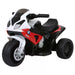 BMW RR children's electric ride-on toy motorcycle in white, red, and black with three wheels