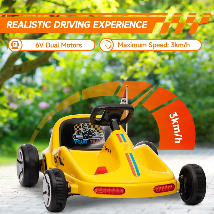 Yellow toy go-kart with text about realistic driving experience on a green outdoor background