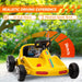 Yellow toy go-kart with text about realistic driving experience on a green outdoor background