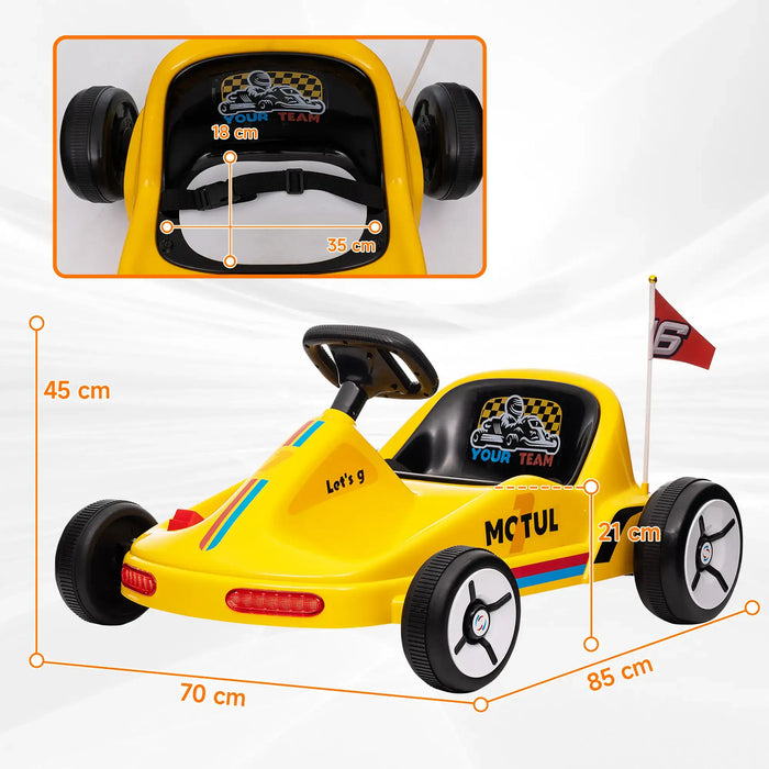 Yellow toy race car with dimensions and details on a white background