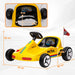 Yellow toy race car with dimensions and details on a white background
