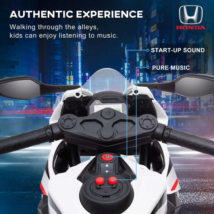 Honda children's motorcycle with controls and music features, set against a blurred city street background.