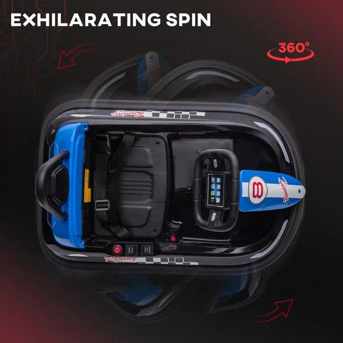 Black kids bumper car with blue seat, steering wheel, and 360 spin feature display