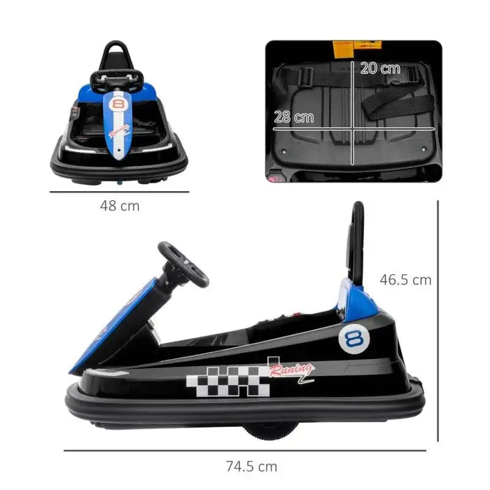 Black kids bumper car with blue accents, LED lights, seatbelt, and measurements displayed