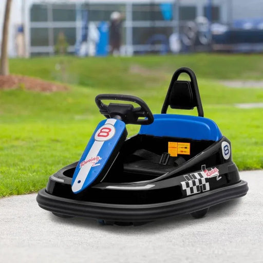 Black and blue kids bumper car with racing decals on outdoor pavement