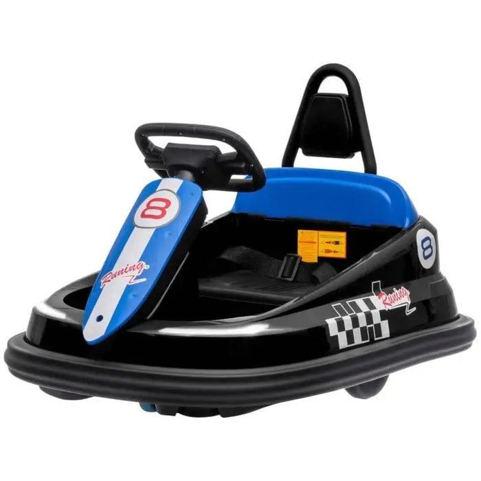 Black and blue kids bumper car with steering wheel, racing decals, and safety seat
