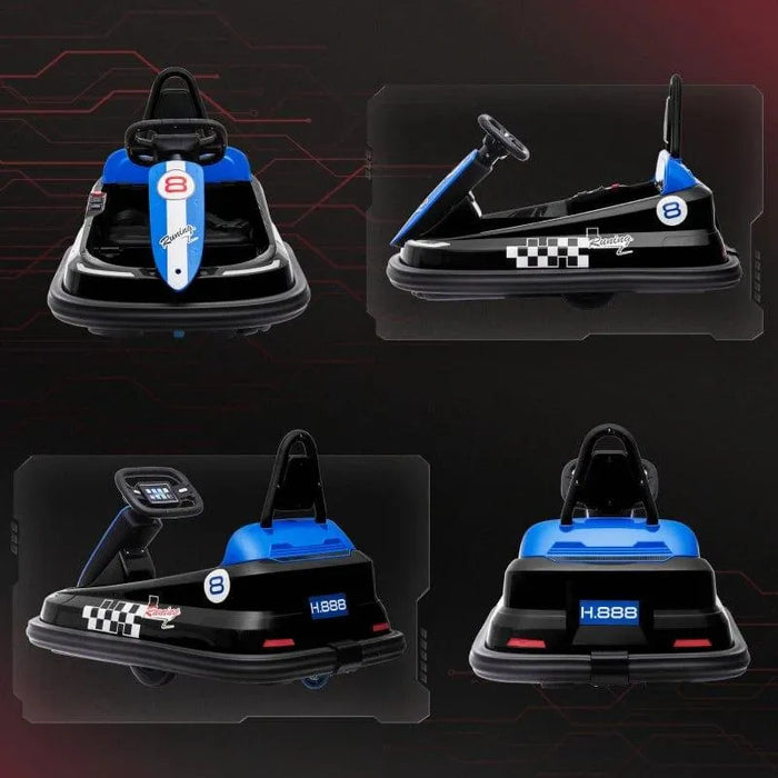 Black and blue kids bumper car with steering wheel, checkered decals, and LED display