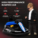 Child next to black kids’ 6V bumper car with blue accents, racing decals, and specs displayed.