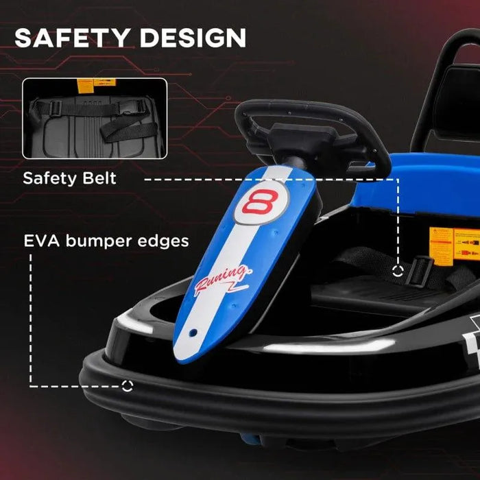Black kids bumper car with blue and white design, safety belt, and EVA bumper edges