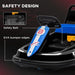 Black kids bumper car with blue and white design, safety belt, and EVA bumper edges