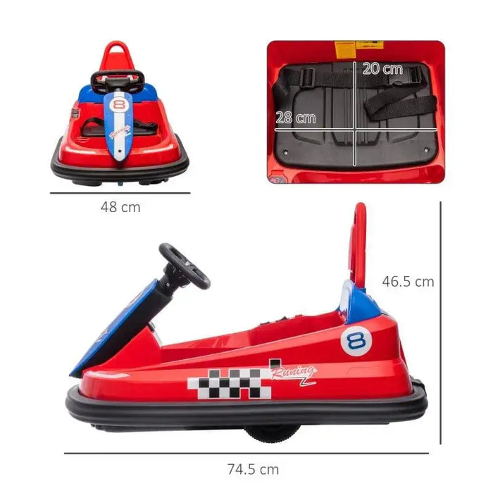 Red kids bumper car with steering wheel, seatbelt, music, lights, and size dimensions shown