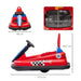 Red kids bumper car with steering wheel, seatbelt, music, lights, and size dimensions shown