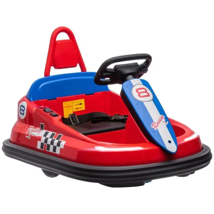Red and blue kids bumper car with steering wheel, racing decals, and safety belt