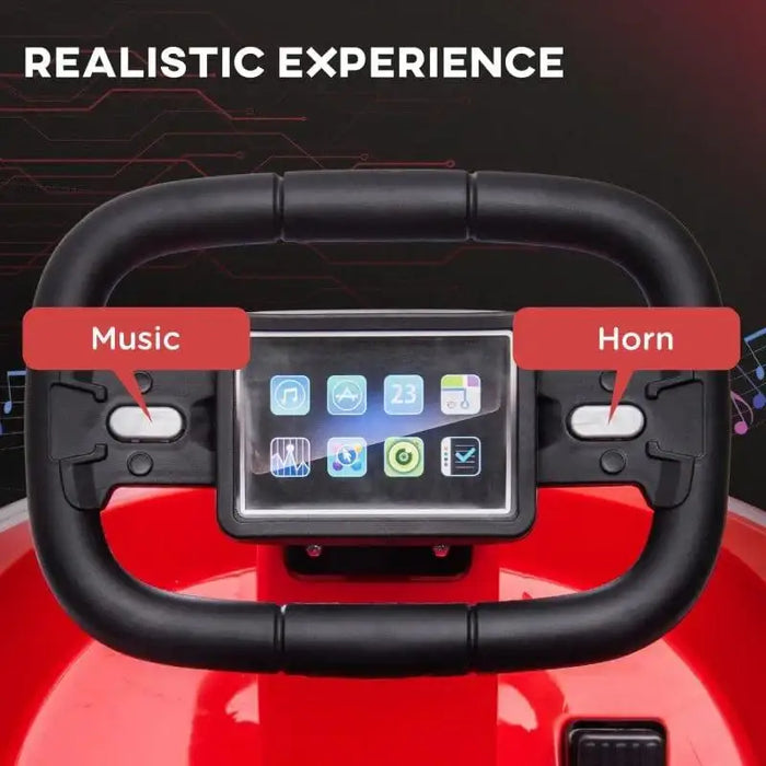 Red kids bumper car dashboard with music and horn buttons, digital display, black steering wheel.
