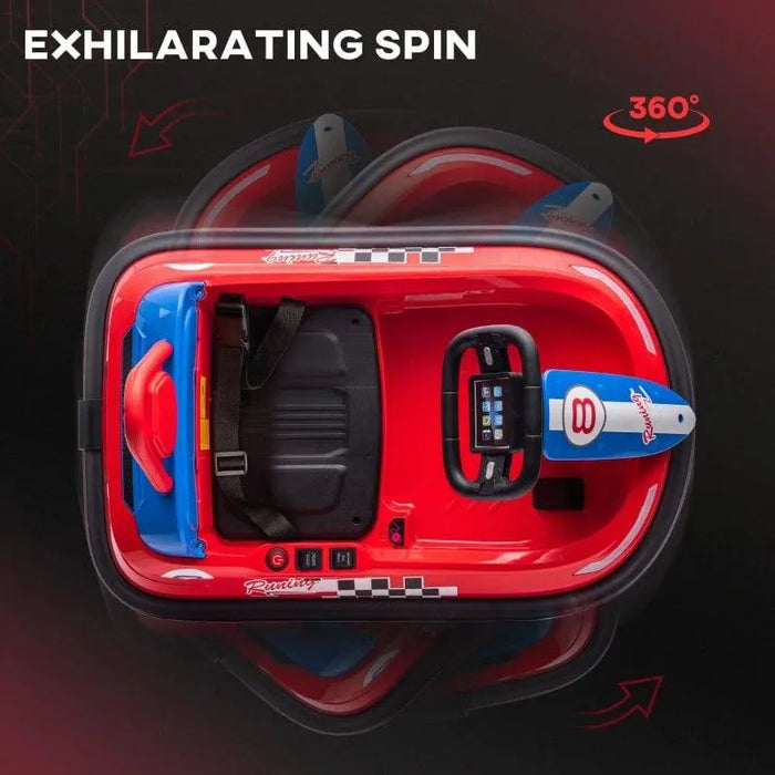 Red 6V kids bumper car with seatbelt, steering wheel, 360 spin design and racing graphics