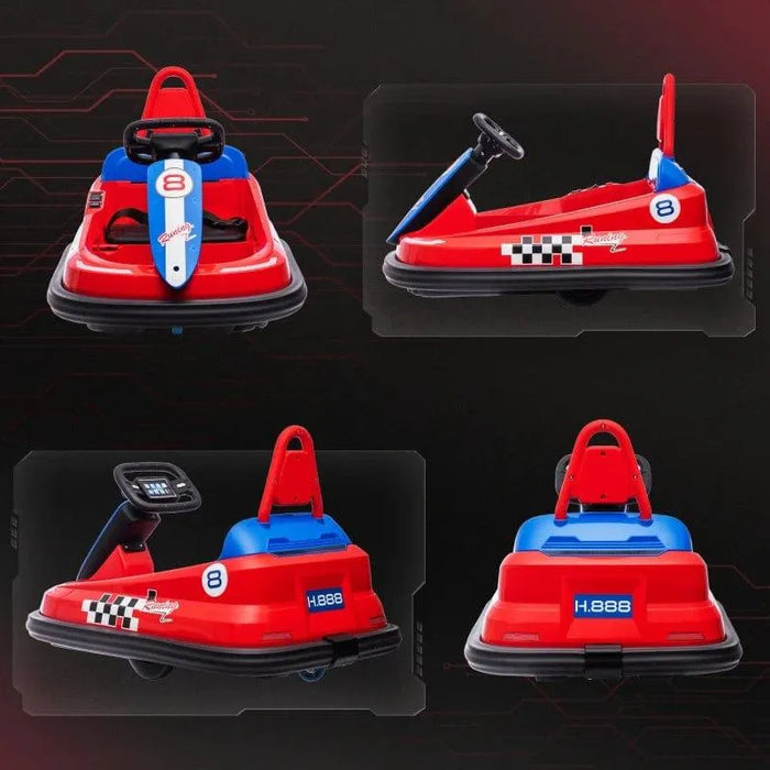 Red 6V kids bumper car with racing stripes, steering wheel, and number 8 design