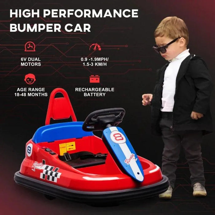 Red and blue kids bumper car with steering wheel, safety belt, and toddler standing beside