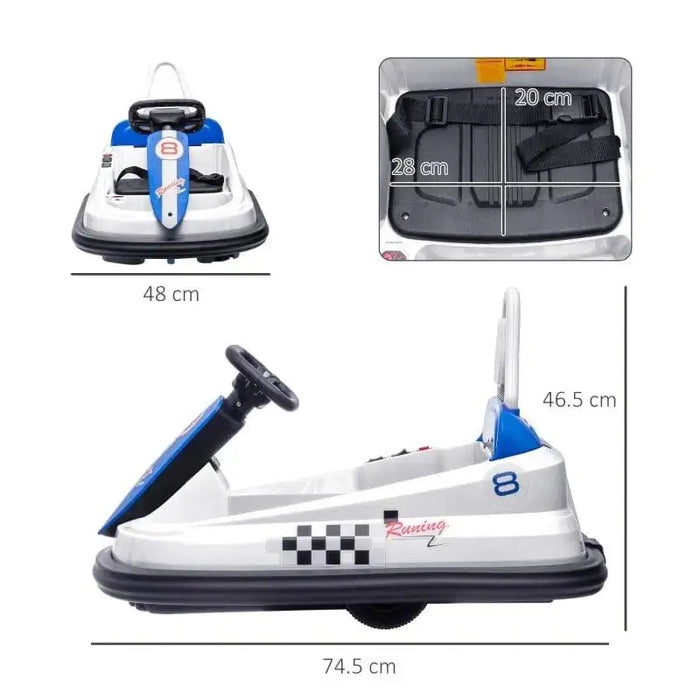 White 6V kids bumper car with 360 spin design, music, lights, and size dimensions displayed.