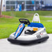 White kids bumper car with blue trim and racing decals parked on concrete outdoors