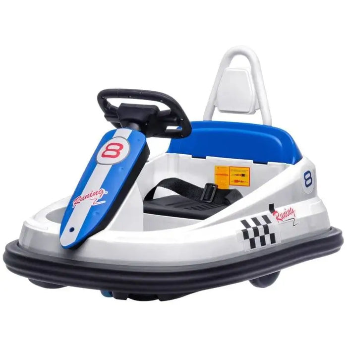 White kids bumper car with blue accents, seatbelt, and racing design details.