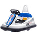 White kids bumper car with blue accents, seatbelt, and racing design details.