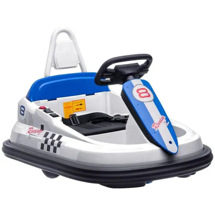 White kids' bumper car with blue seat, steering wheel, and racing graphics